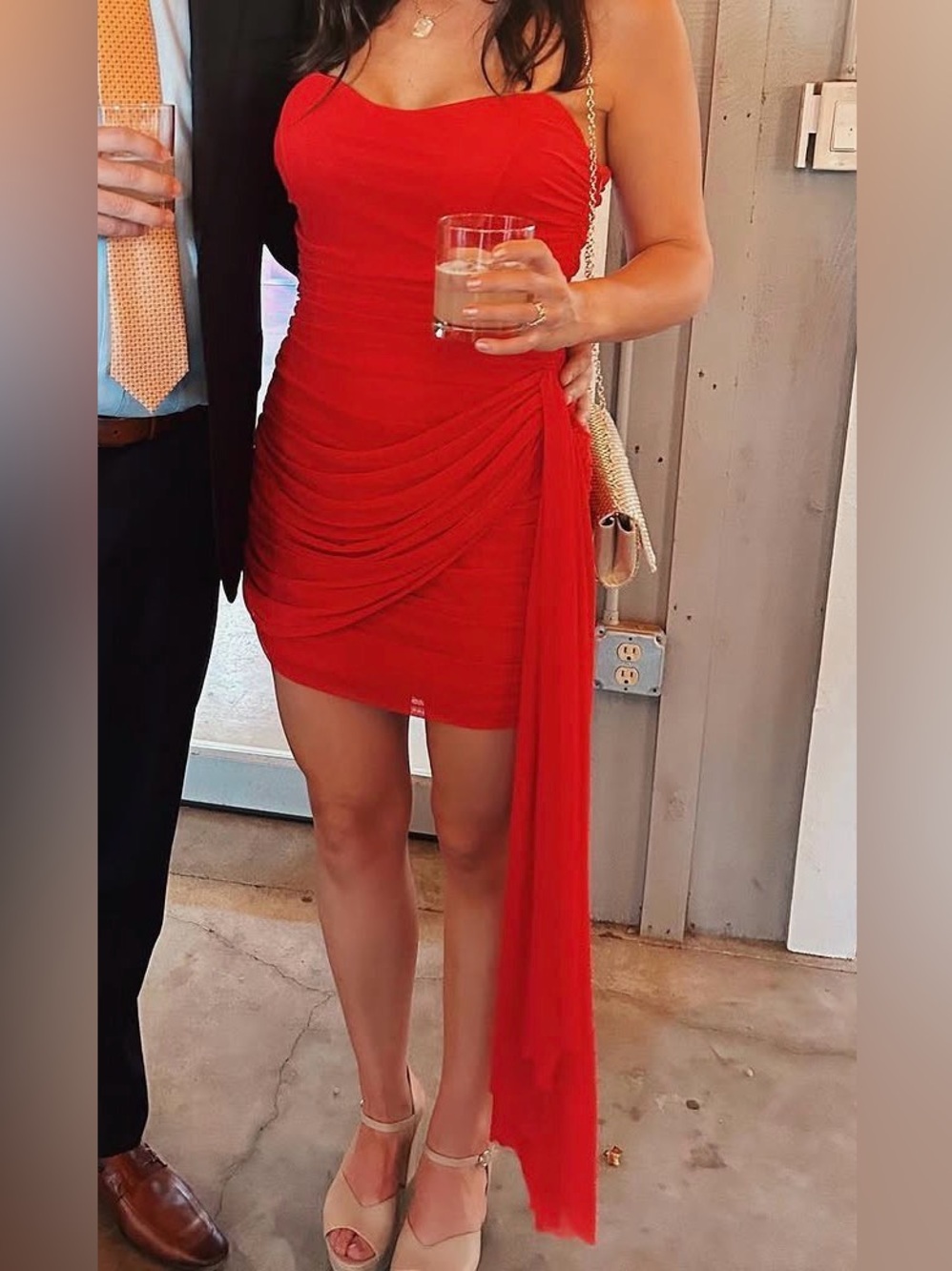 Red Mini Dress with Side Cascade